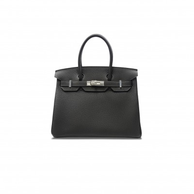 HERMES BIRKIN 30 OUTER SEAM EPSOM LEATHER CK89 NOIR BLACK SILVER BUCKLE 101329 (30*22*15cm)